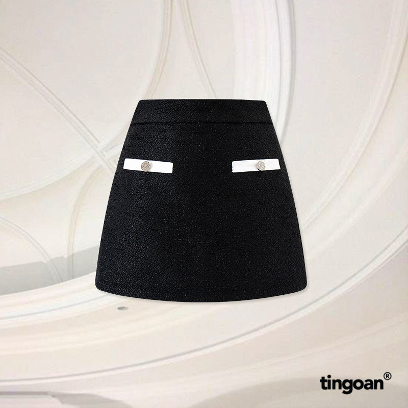 TINGOAN® - High-waisted black tweed skirt with stone buttons YUKA YUKA TWEED SKIRT/BL