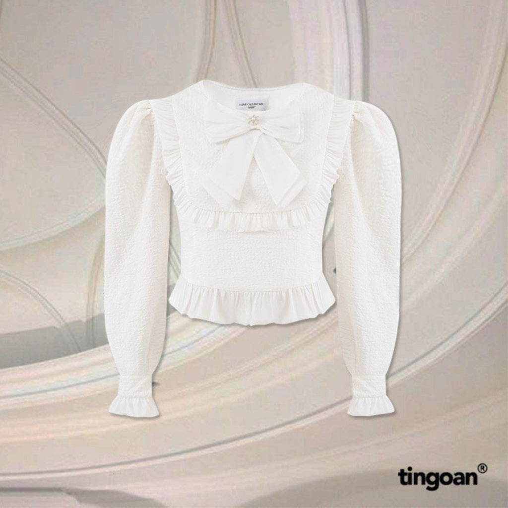 TINGOAN® - White round neck shirt with bow tie and jade buttons CANDY YUMYUM TOP/WH