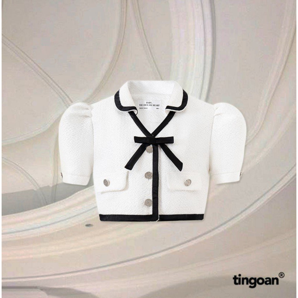 TINGOAN® - V-neck short-sleeved white tweed crop top with bow tie YUKA YUKA TWEED TOP/WH