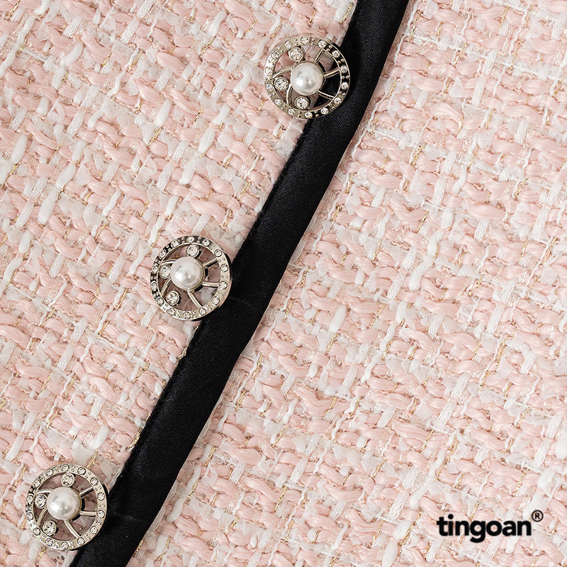 TINGOAN® - High-waisted pink tweed skirt with white rhinestone buttons (with underpants) PRETTY SNOW SKIRT/PK