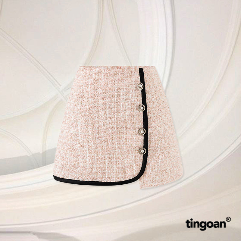 TINGOAN® - High-waisted pink tweed skirt with white rhinestone buttons (with underpants) PRETTY SNOW SKIRT/PK