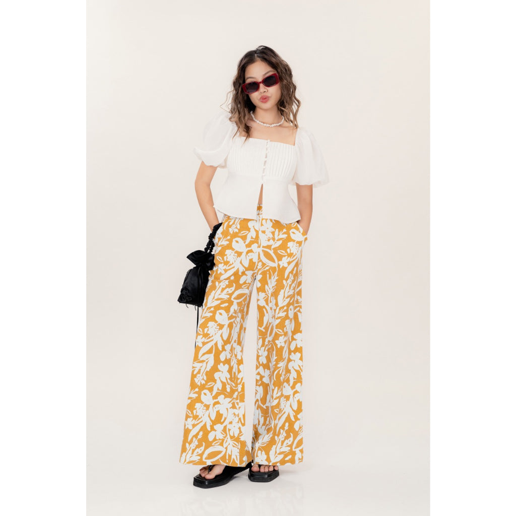 LIBÉ - Wide-leg linen pants with floral patterns