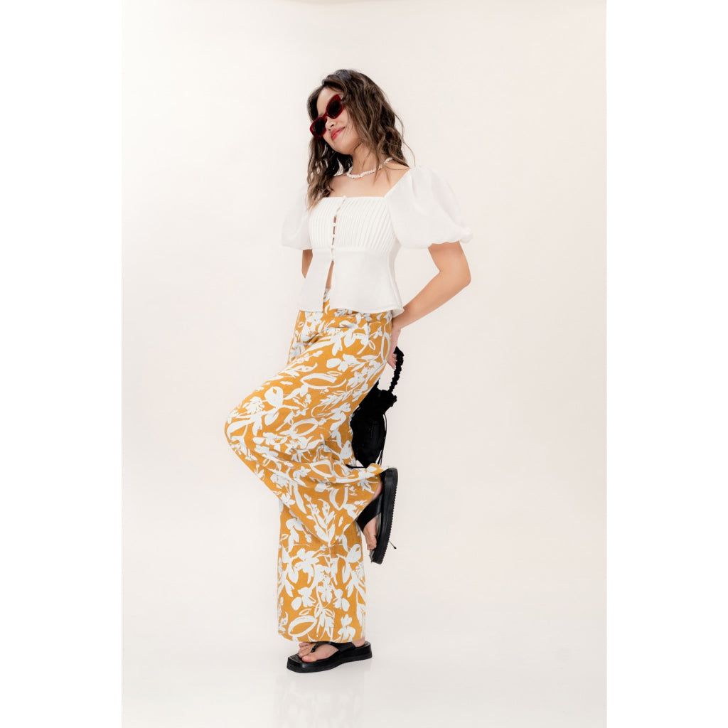 LIBÉ - Wide-leg linen pants with floral patterns