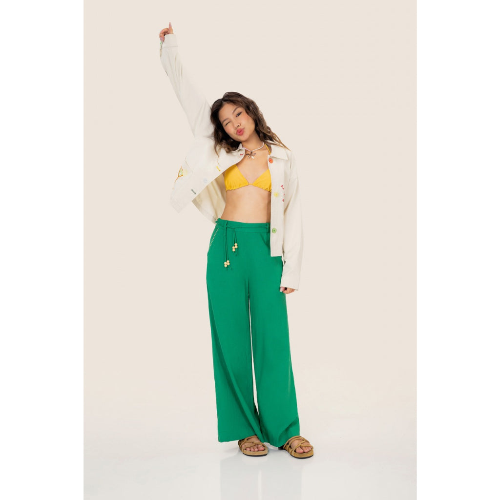 LIBÉ - Green straight-leg pants with a wooden beaded belt