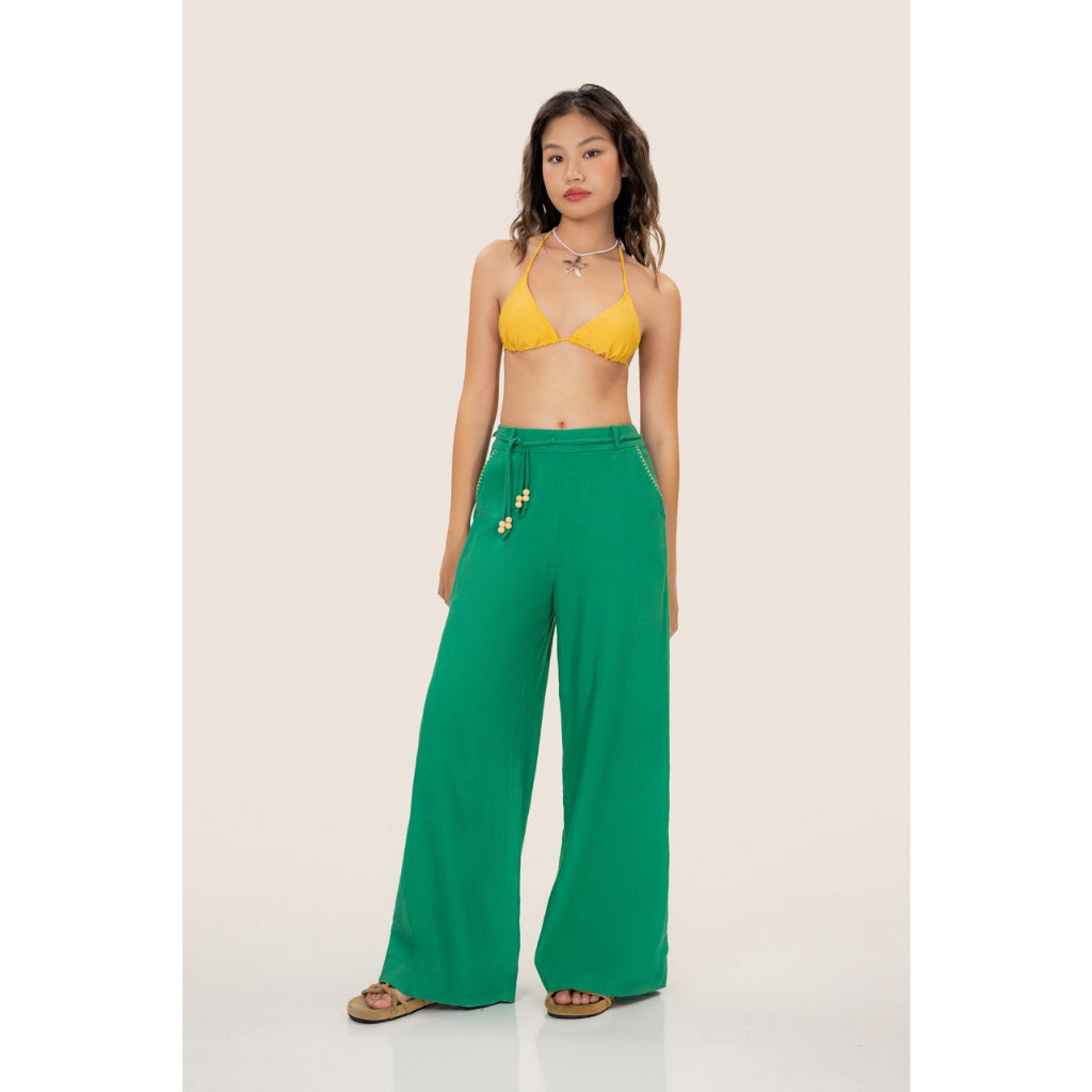 LIBÉ - Green straight-leg pants with a wooden beaded belt