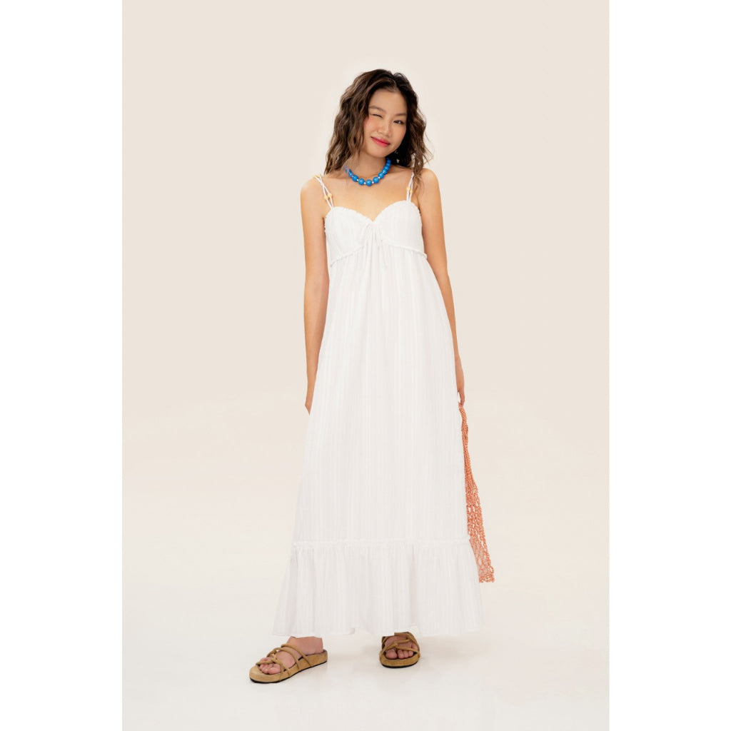 LIBÉ - White two-strap flared fishtail dress with wooden beads