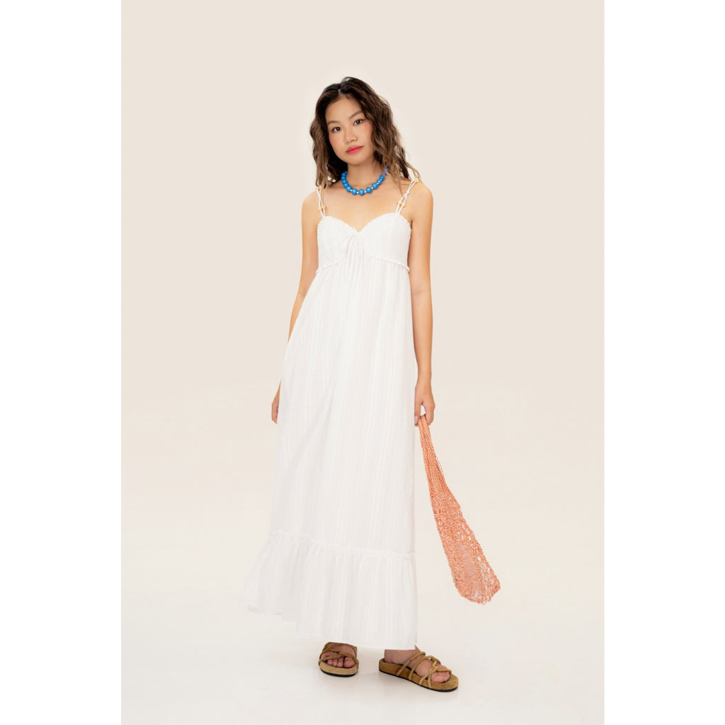 LIBÉ - White two-strap flared fishtail dress with wooden beads