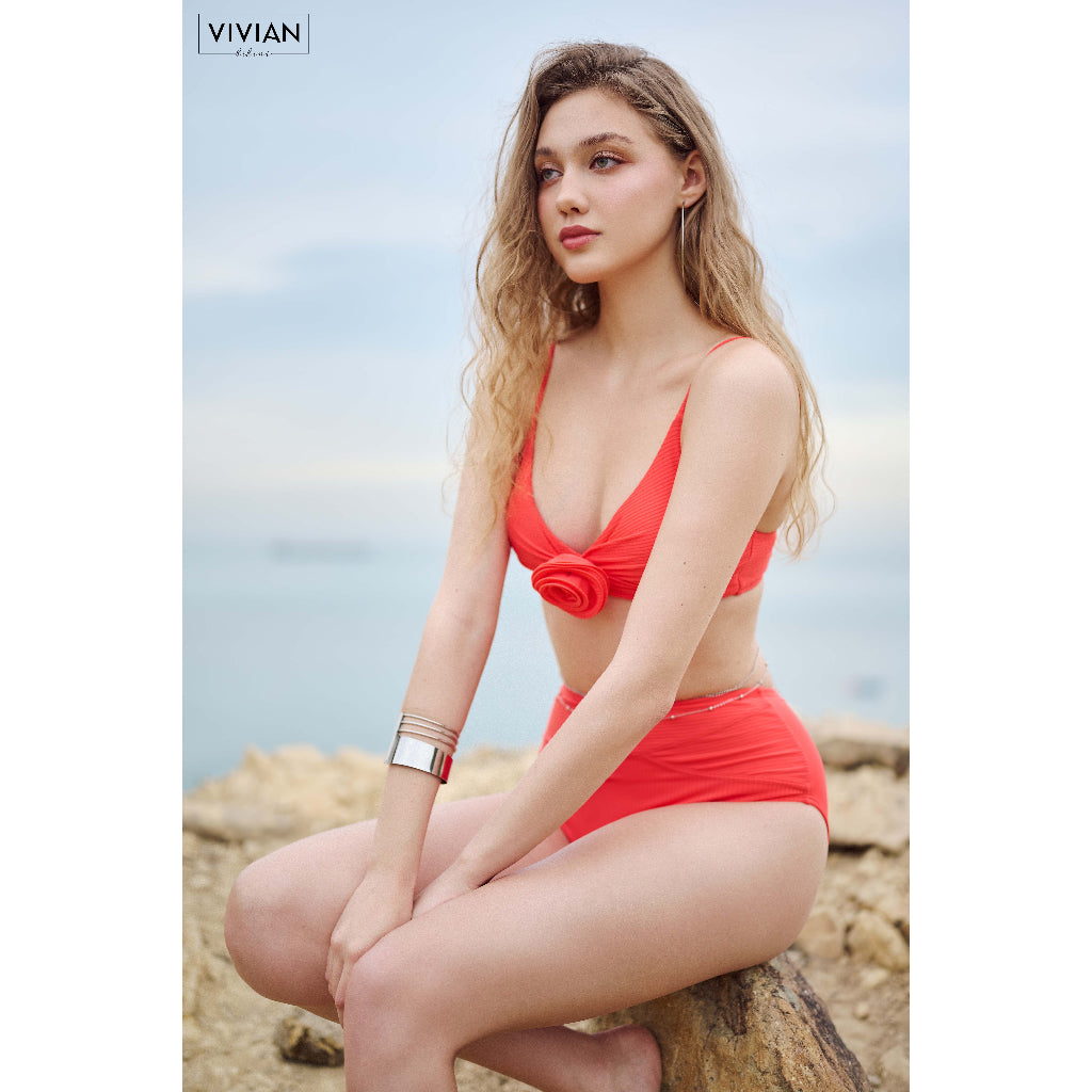 High-quality women's two-piece swimsuit with high waist and floral pattern - Orange - VS196_OR