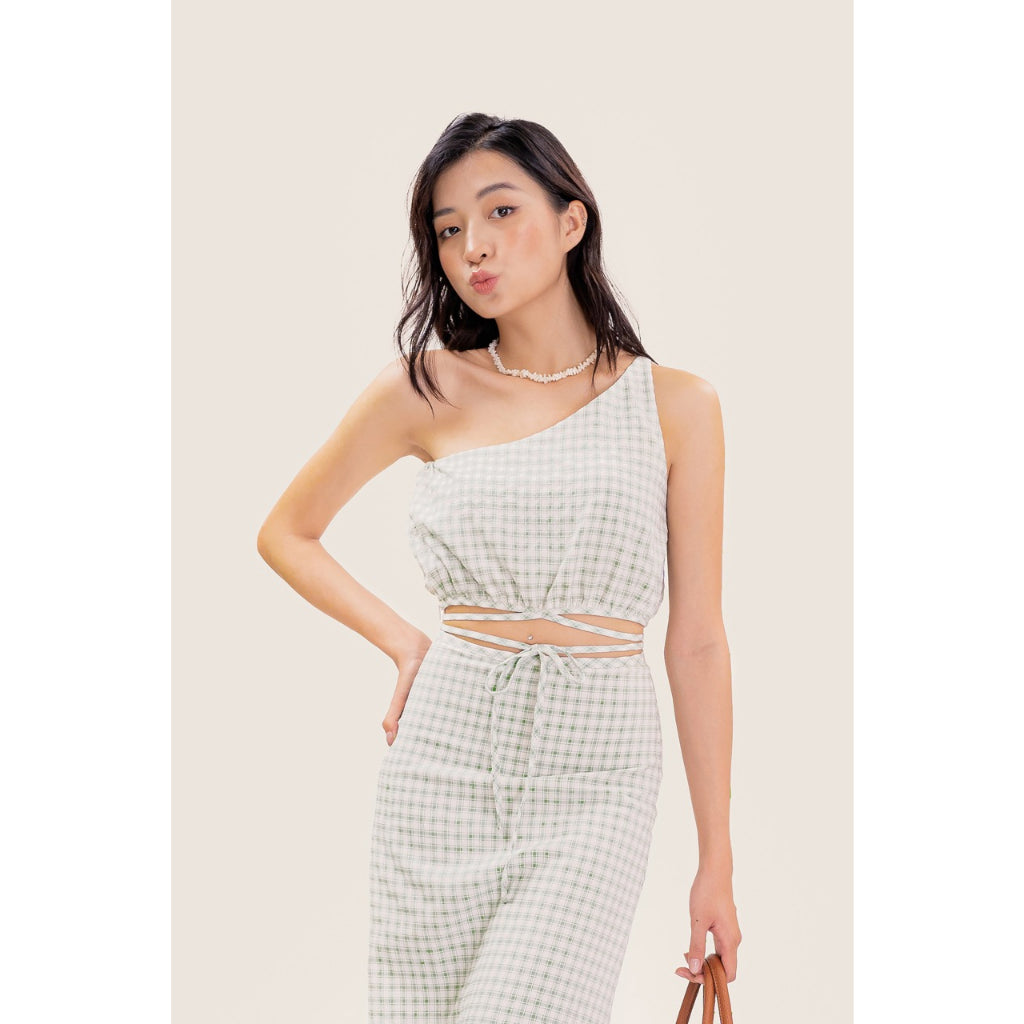 LIBÉ - Sleeveless off-the-shoulder shirt with green checkered pattern