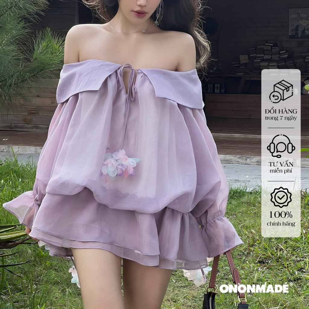 ONONMADE Best Seller Đầm Ngắn Trễ Vai Tay Dài Có Bo Chun Ở Eo Và Ngực ( Có kèm quần ) Lace Mini Dress