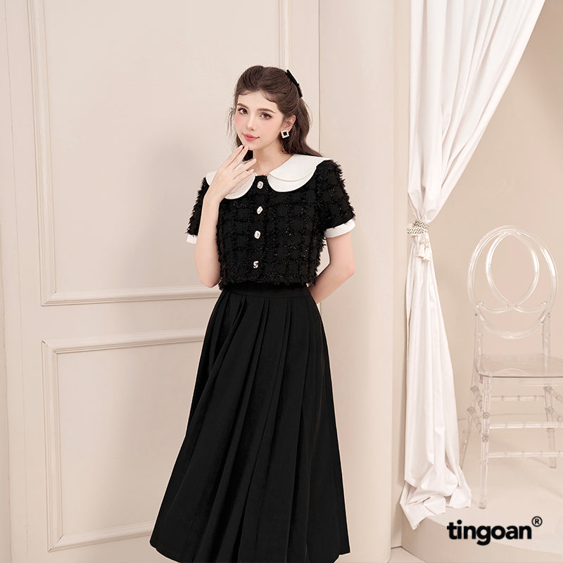 TINGOAN® - MING XI LONG SKIRT/BL black high-waisted pleated front skirt