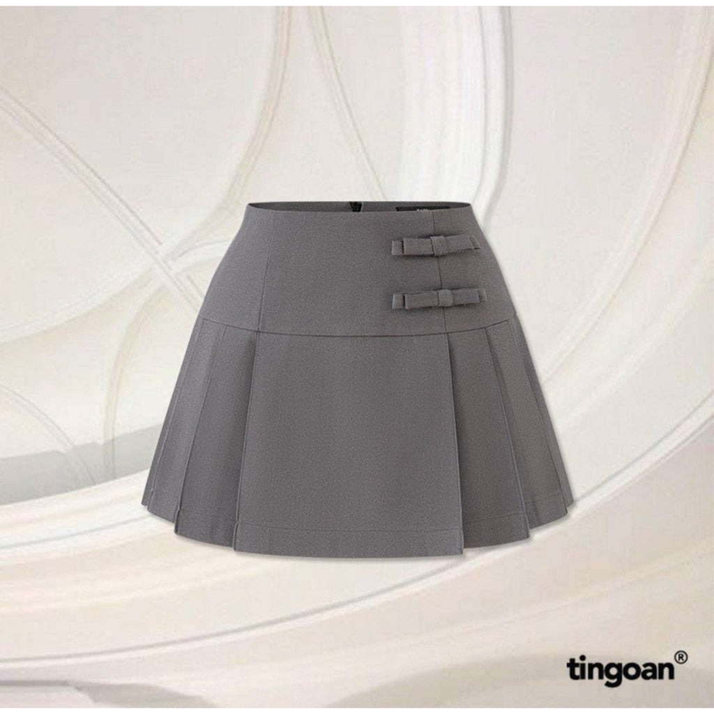 TINGOAN® - Chân váy đính nơ lệch xám xếp ly HANA SKIRT/GR PHIÊN BẢN MỚI NHẤT T6/2024