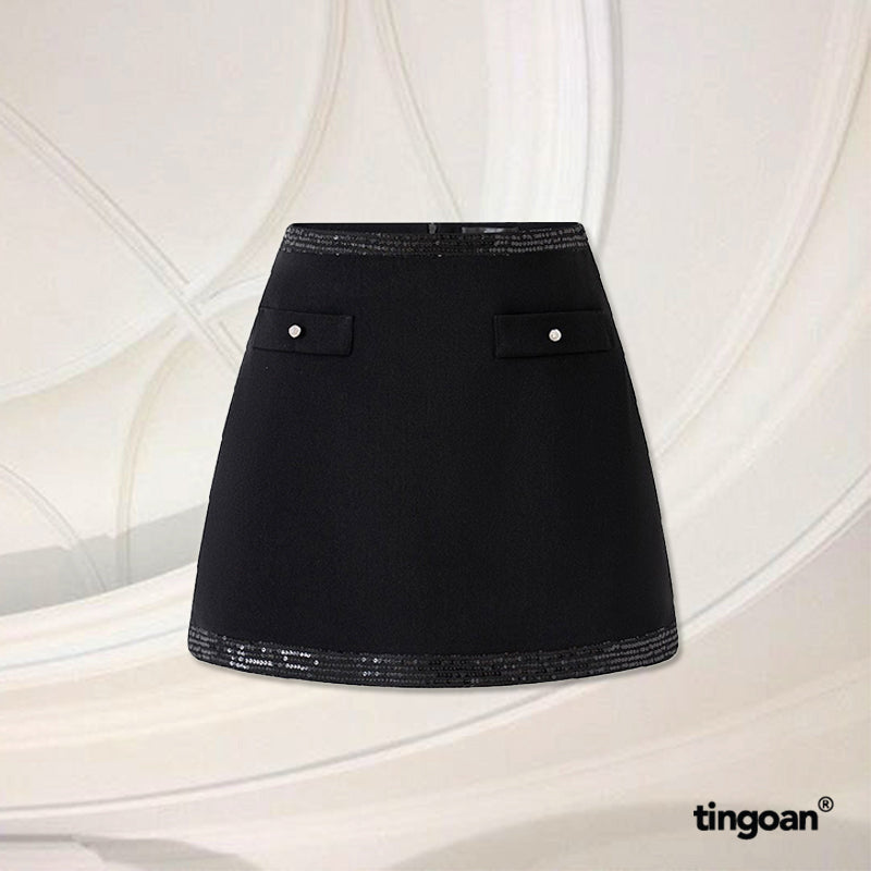 TINGOAN® - Black high-waisted skirt with sparkling trim and buttons MON CHERI SKIRT/BL