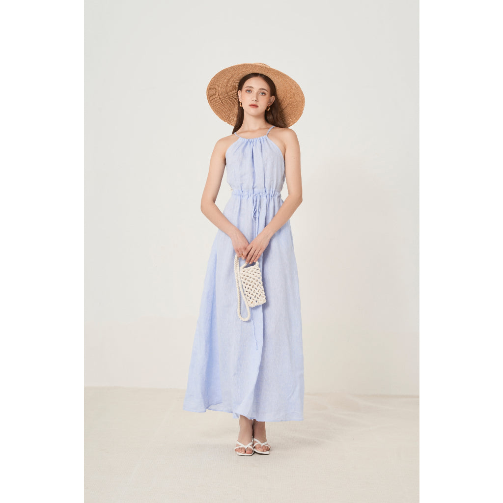 Carina High Quality Linen Design Maxi Dress with Drawstring Waist Collar | 3950 | Lana Official