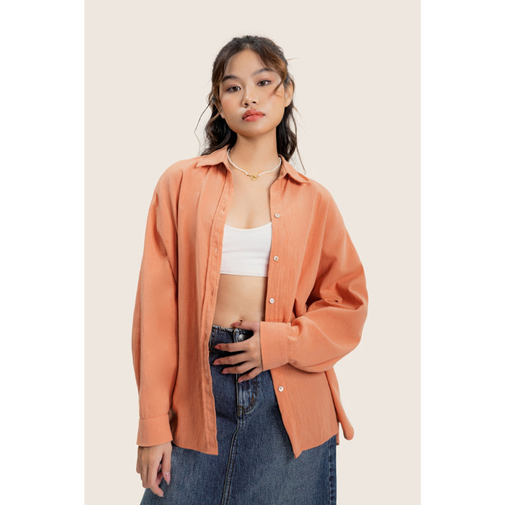 LIBÉ - Orange long-sleeved loose shirt with multi-colored buttons