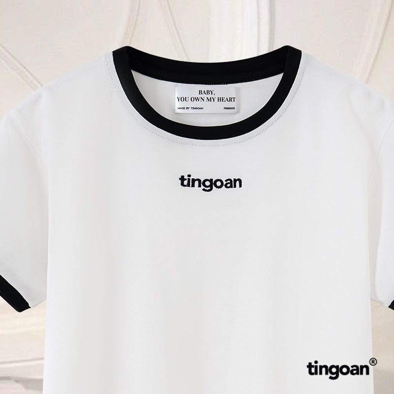 TINGOAN® - White T-shirt with black neckline and sleeves embroidered with the word "TINGOAN" BRAND TSHIRT/WH