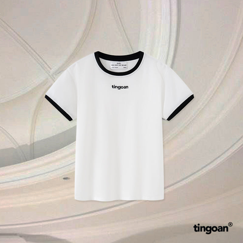 TINGOAN® - White T-shirt with black neckline and sleeves embroidered with the word "TINGOAN" BRAND TSHIRT/WH