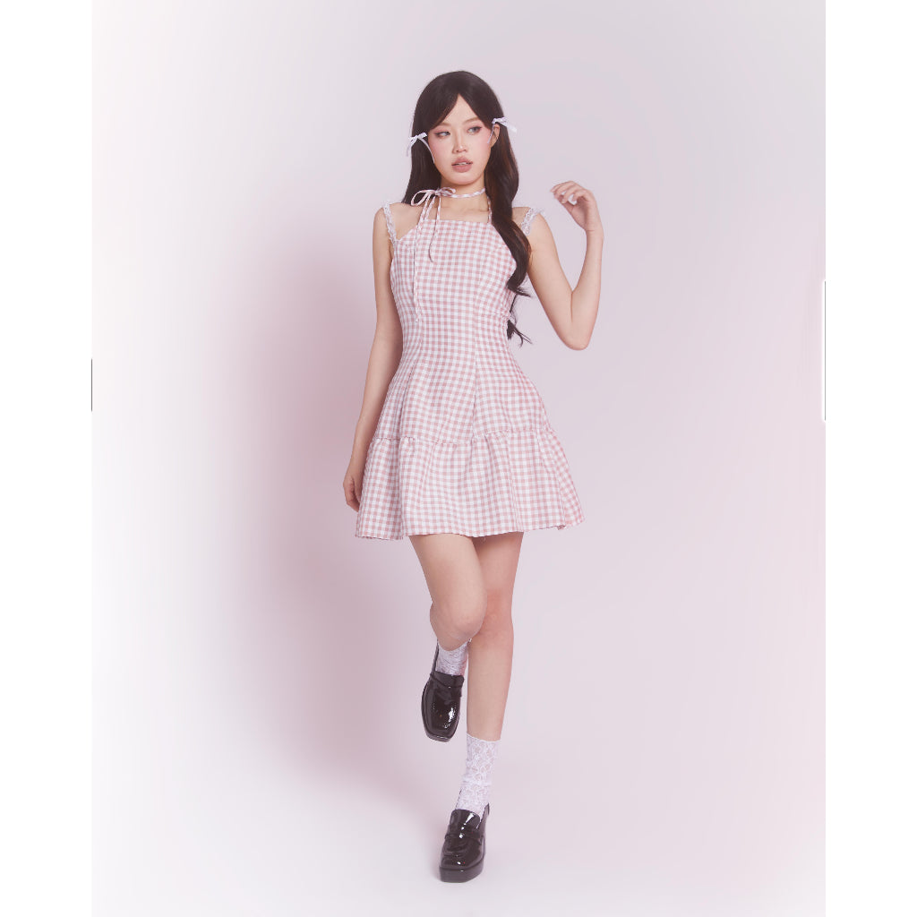 A-line checkered dress with halter neckline | FEMININE DRESS - CLÉLIE 