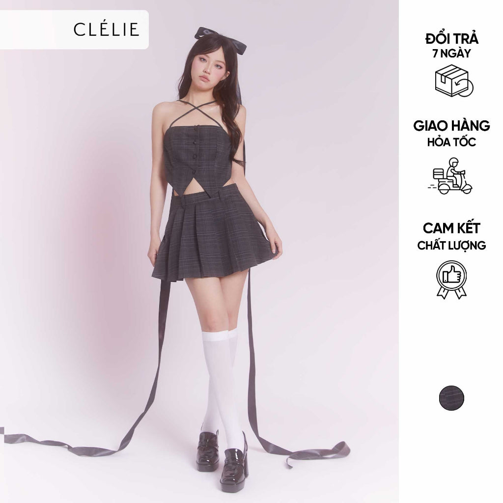 Set of cross-strap checkered shirt and pleated short skirt | RENEE SET - CLÉLIE