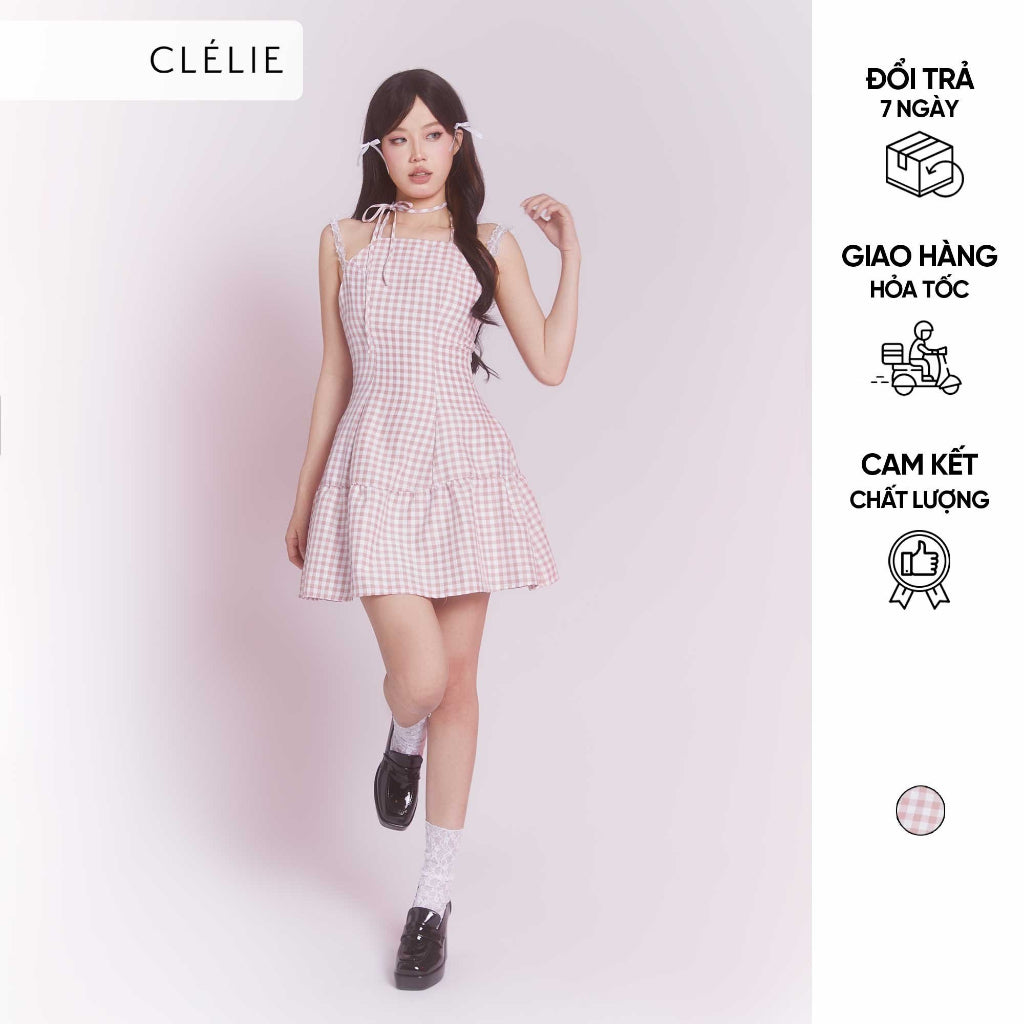 A-line checkered dress with halter neckline | FEMININE DRESS - CLÉLIE 