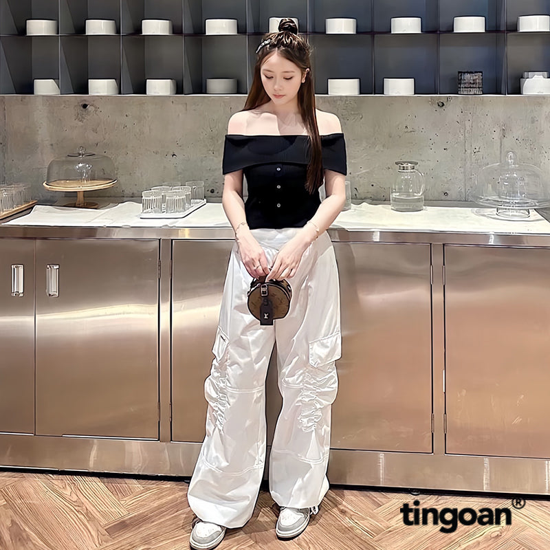 TINGOAN® - Quần dài cạp thường nhún túi có logo TINGOAN® rút dây gấu trắng NIKKI PANTS/WH phiên bản mới nhất t10.2023