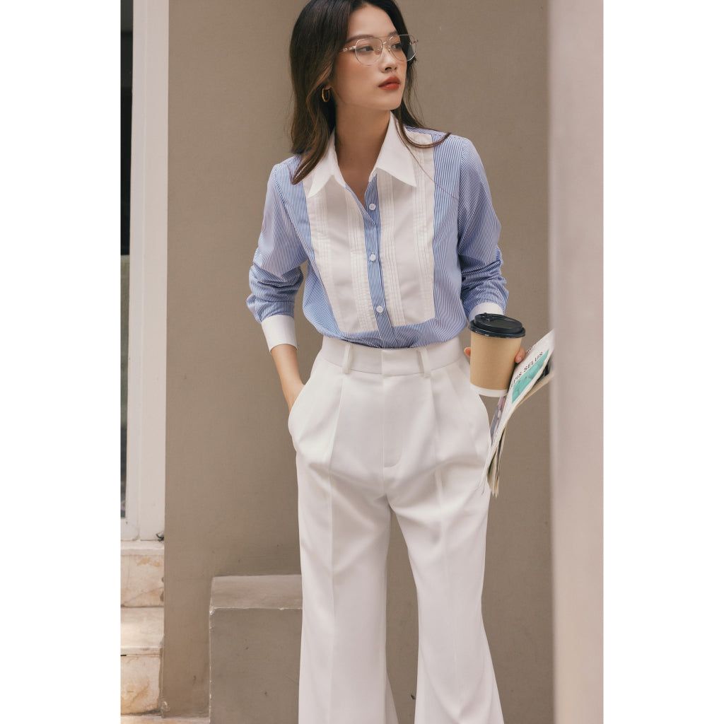 Áo sơ mi cotton kẻ xanh pha trắng HUONG BOUTIQUE BSSM26