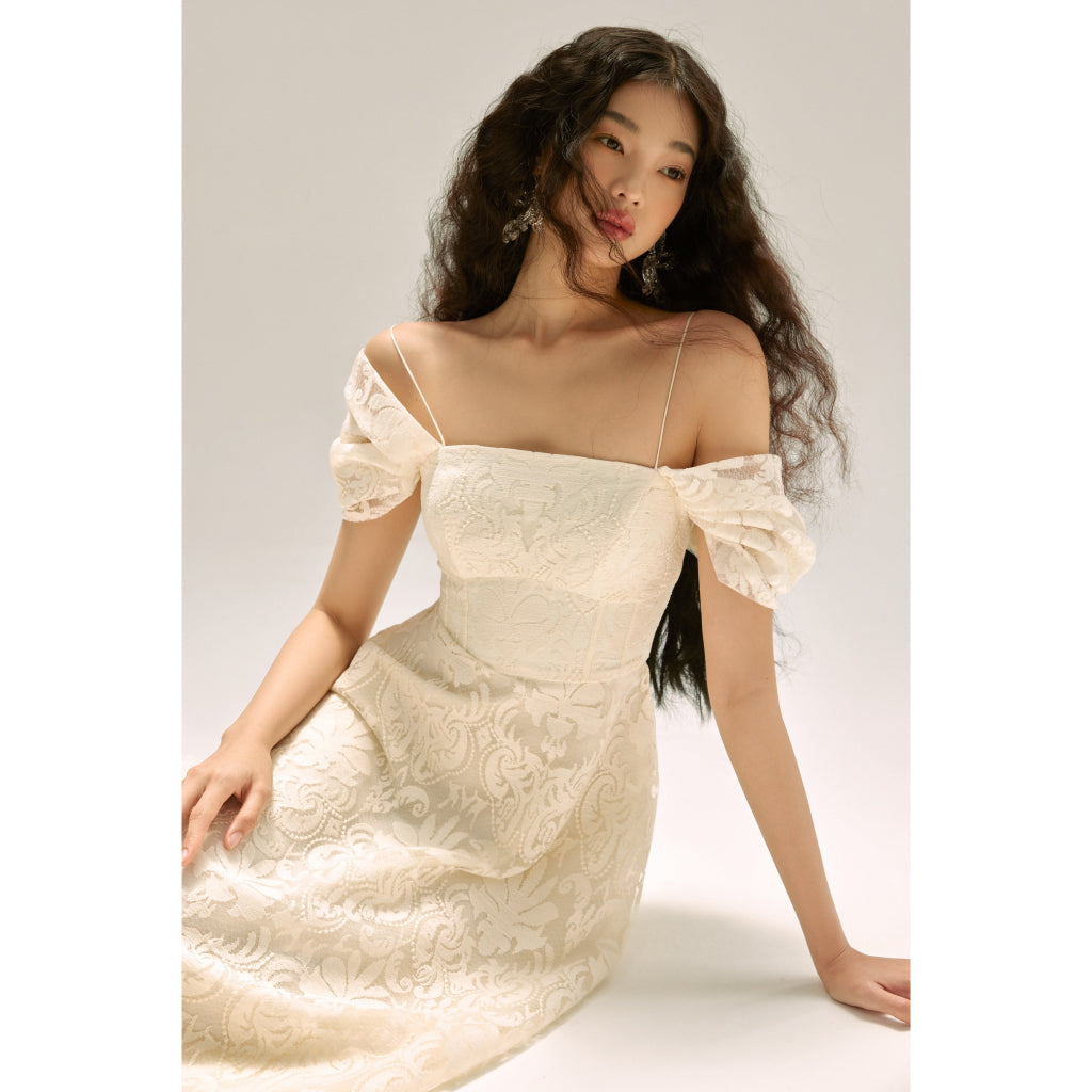 Aurora Dress HUONG BOUTIQUE HBV1269 white lace two-strap dress