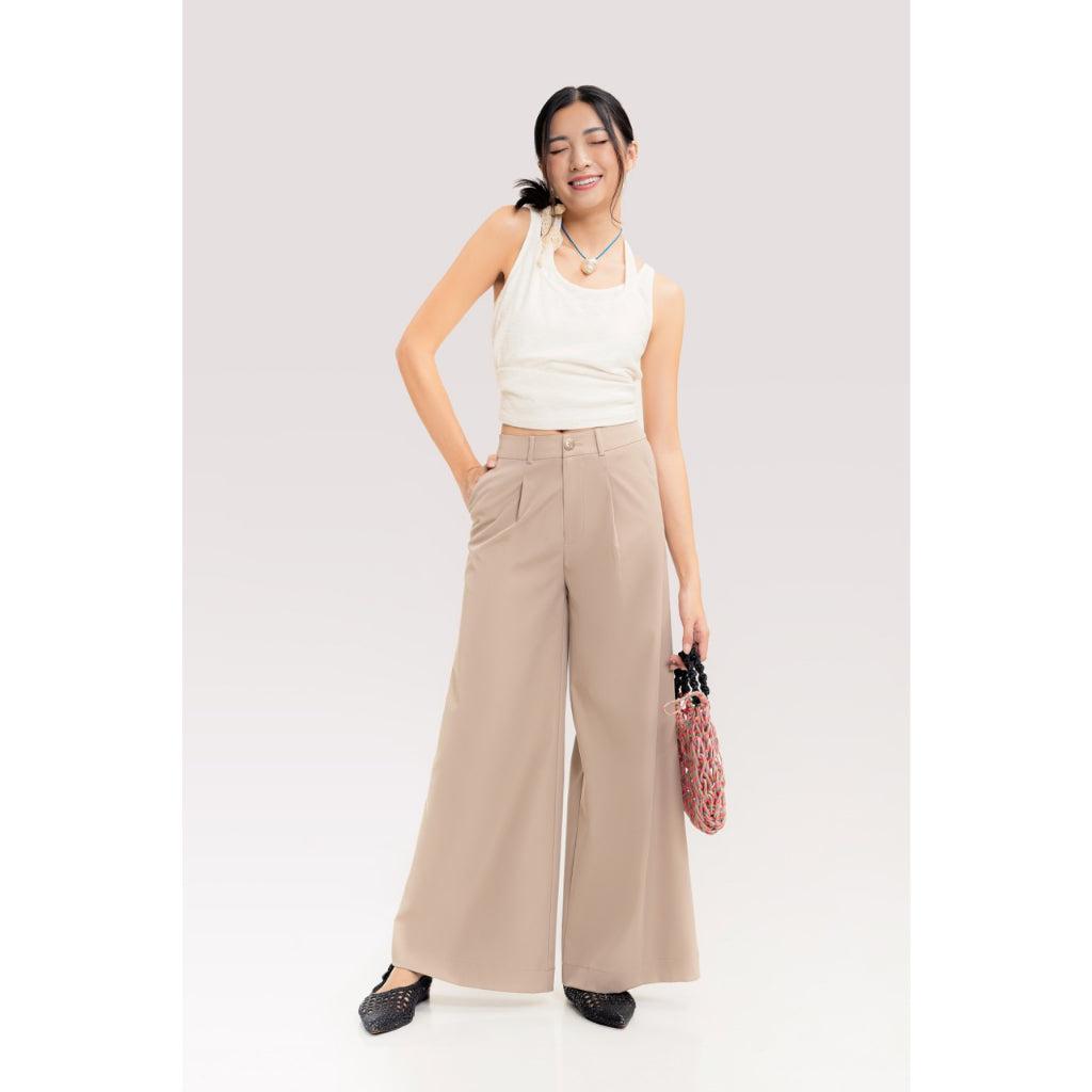 LIBÉ - Milk brown khaki fabric wide-leg pants