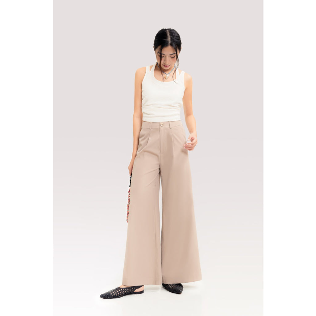 LIBÉ - Milk brown khaki fabric wide-leg pants