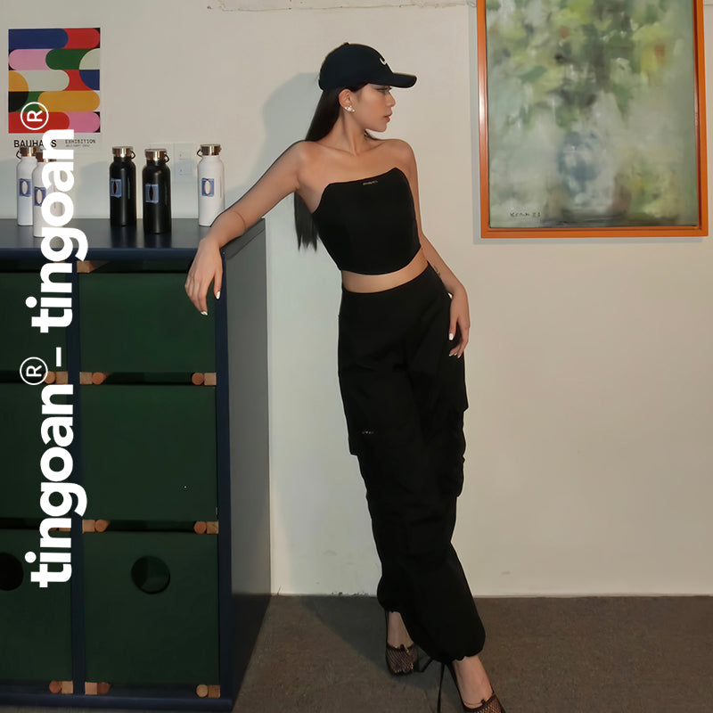 TINGOAN® - Regular-waisted trousers with pockets with TINGOAN® logo and drawstring black hem NIKKI PANTS/BL latest version October 2023