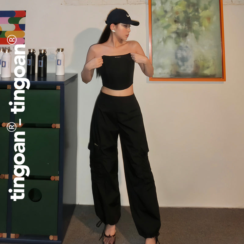 TINGOAN® - Regular-waisted trousers with pockets with TINGOAN® logo and drawstring black hem NIKKI PANTS/BL latest version October 2023