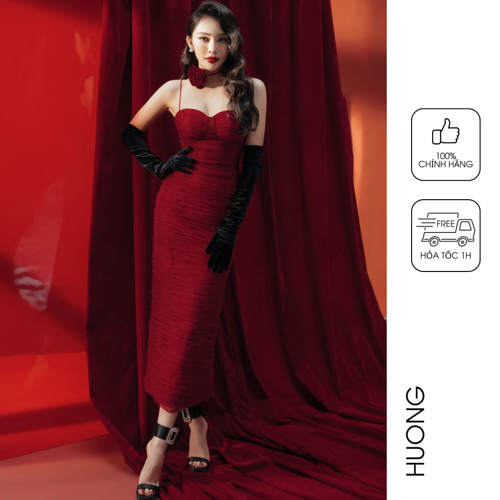 Bodycon Savoir Lace Long Dress HUONG BOUTIQUE HBLOVE357, 2 colors red &amp; black