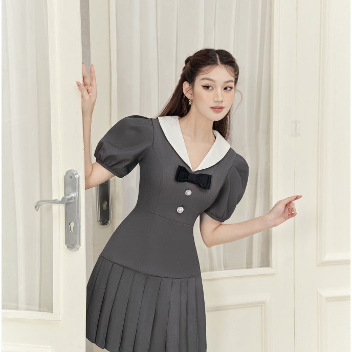 TINGOAN® - Váy phối cổ V đính nơ xếp ly dưới xám MARIE ANA DRESS/GR ver 2 (bản 2 cúc thân)