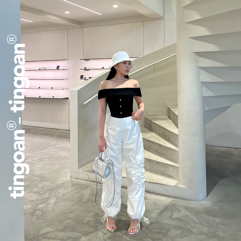 TINGOAN® - Regular-waisted trousers with pockets with TINGOAN® logo and white hem drawstring NIKKI PANTS/WH latest version 10.2023