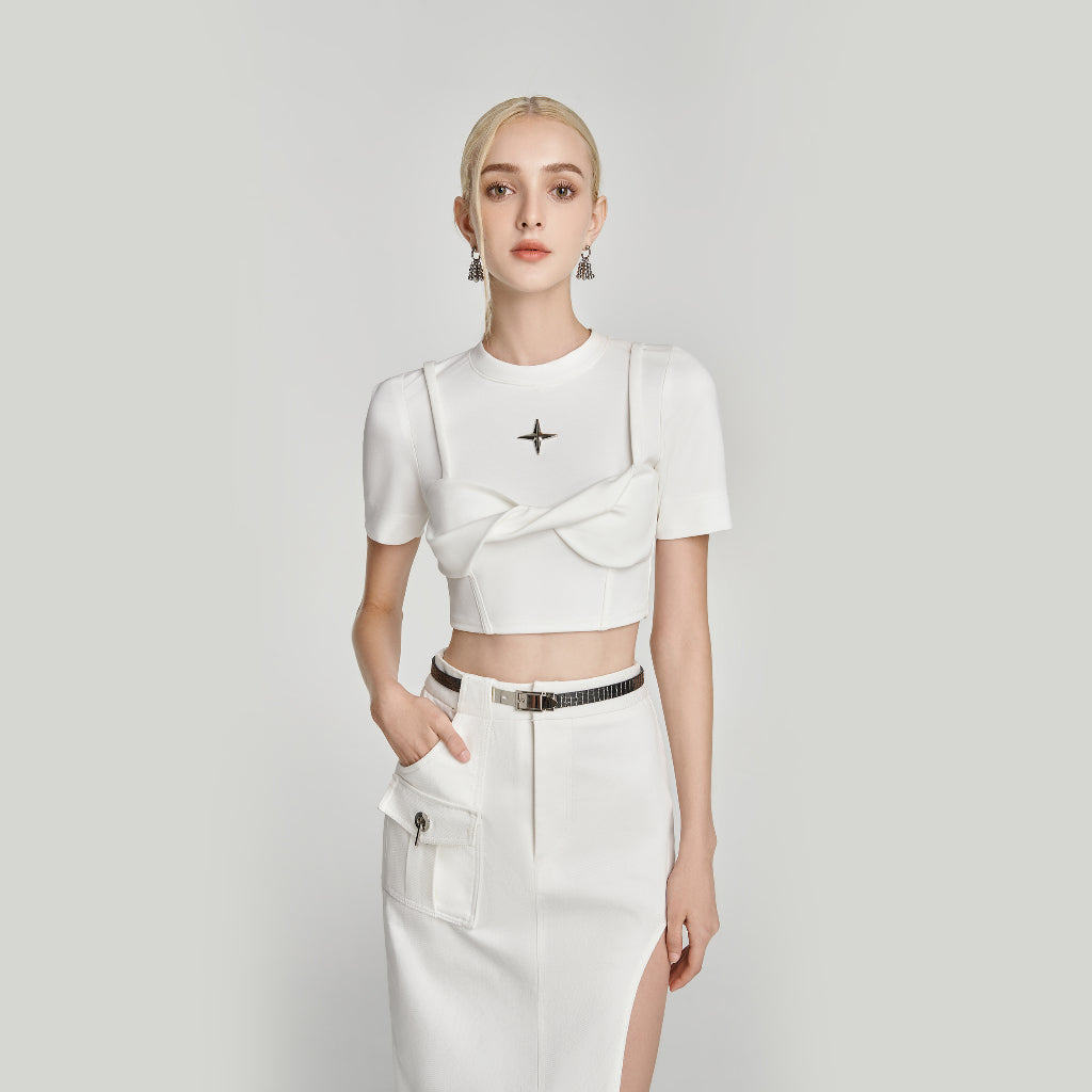 DEAR JOSÉ - Áo kiểu crop top xoắn ngực Orion vải poly trắng