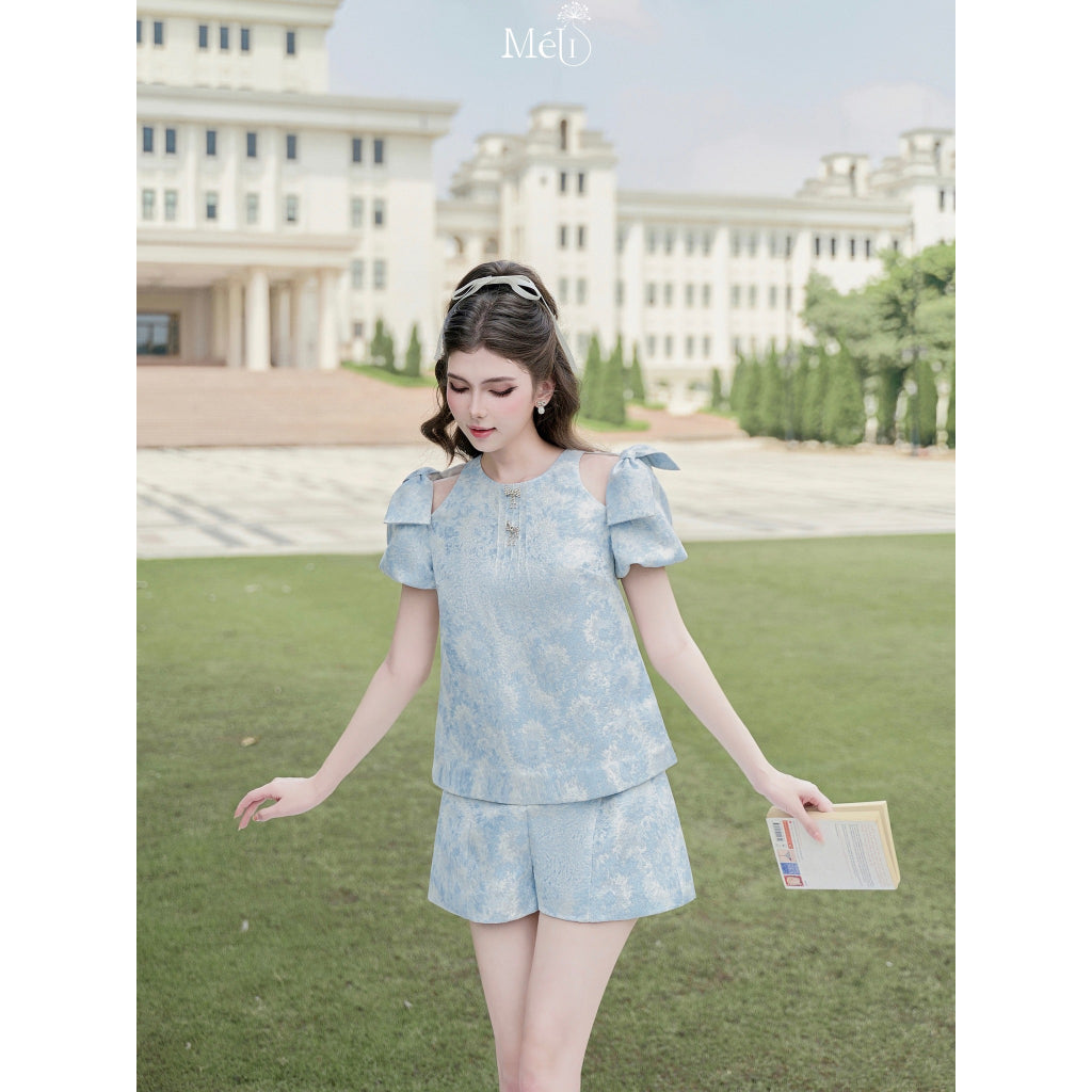 Blue brocade shirt with shoulder bow - Blue brocade shorts -Material: brocade - Méli design