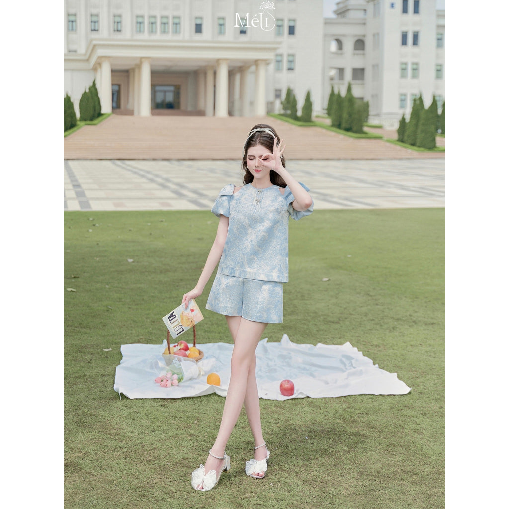 Blue brocade shirt with shoulder bow - Blue brocade shorts -Material: brocade - Méli design