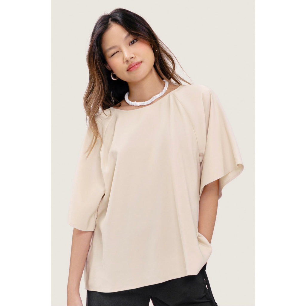 LIBÉ - Ivory white raglan sleeves round neck loose shirt