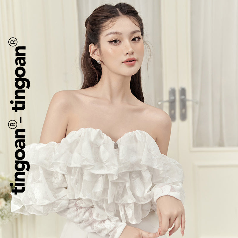 TINGOAN® - YANG MI OFF/WH off-the-shoulder white mesh crop top with layered ruffles and elastic waist