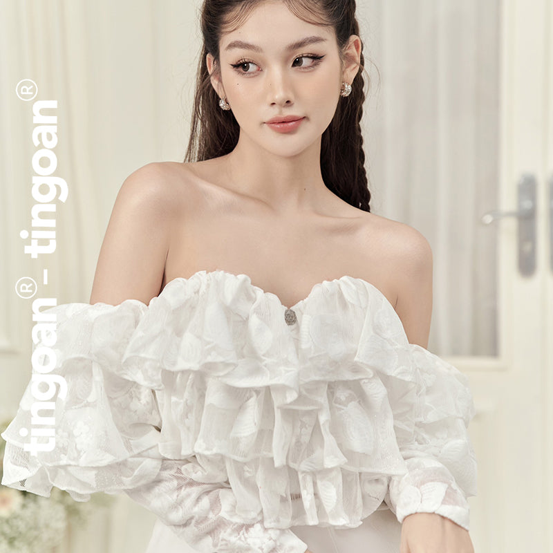 TINGOAN® - YANG MI OFF/WH off-the-shoulder white mesh crop top with layered ruffles and elastic waist