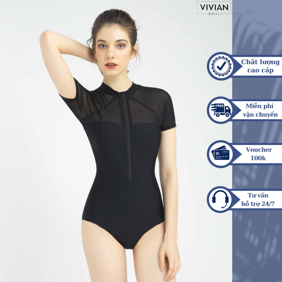 VIVIAN Women's swimsuit, one-piece with mesh sleeves - Black - VS134_BL