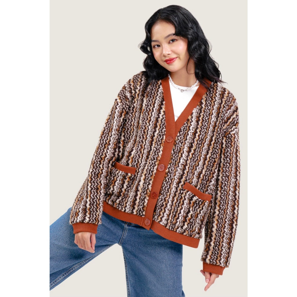 LIBÉ - Loose coat in fur fabric with multi-colored striped patterns