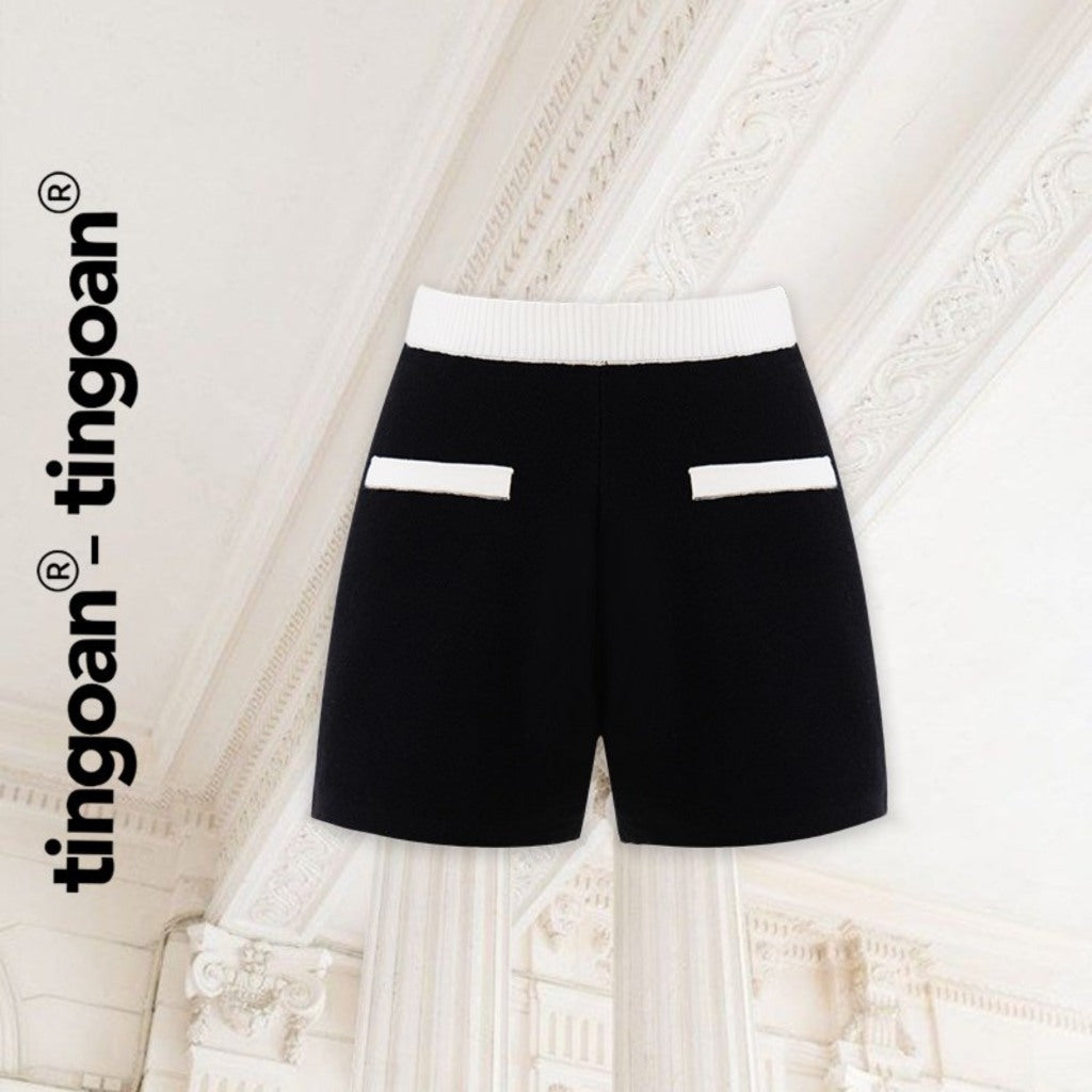 TINGOAN® - NAOMI SHORT(FREESIZE)/BL Black wool high-waist shorts with white pocket trim