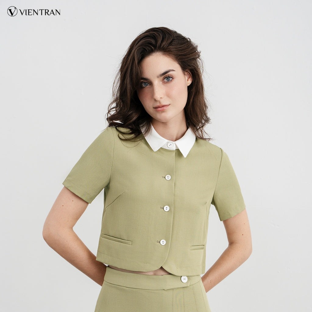 VIEN TRAN Crochet Shirt Round Flap Faux Pockets Tie Collar Short Skirt V65D23Q004, V62R23Q004