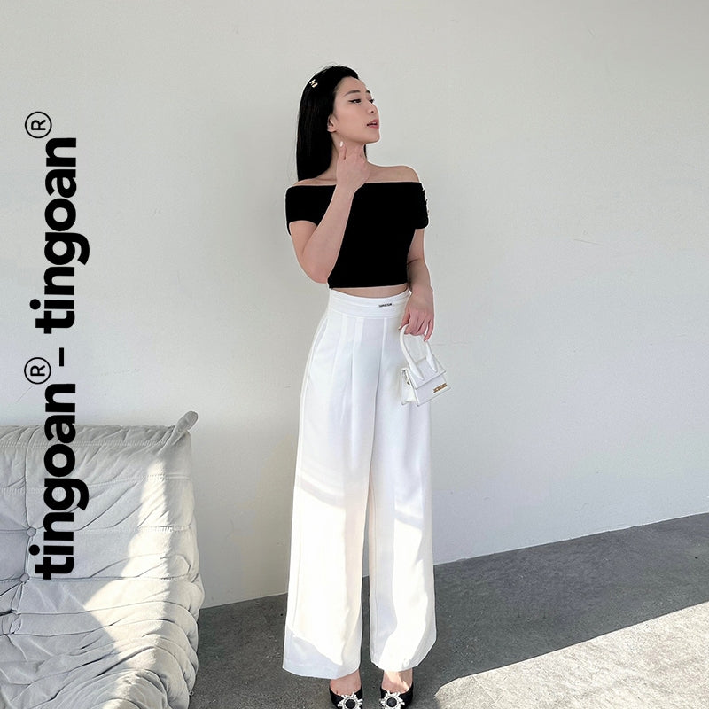 TINGOAN® - High-waisted white pants with logo TINGOAN® cullottes CHEN CHEN PANTS V2/WH LATEST VERSION June 2024