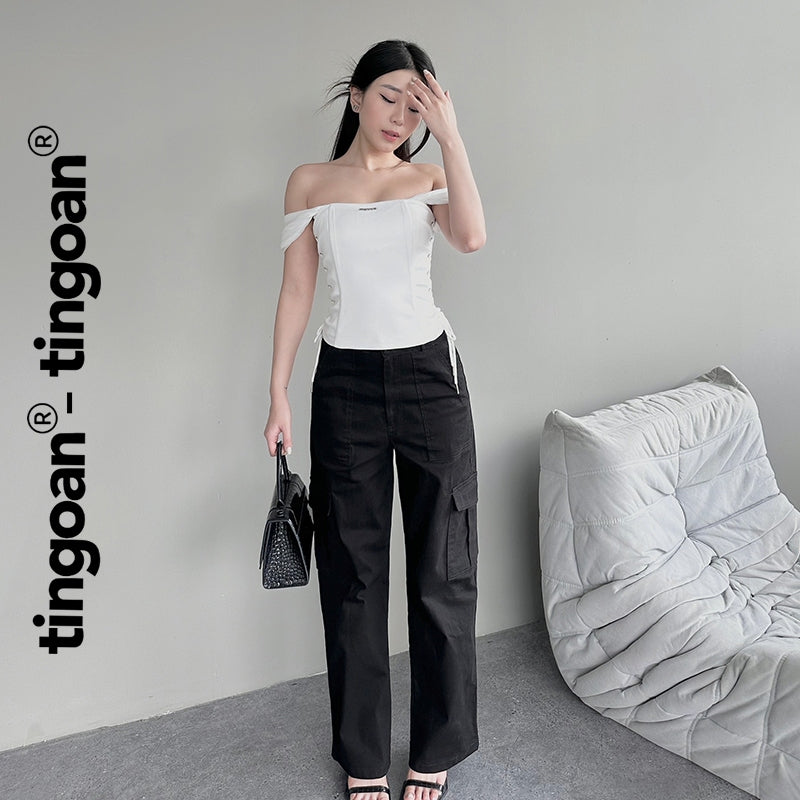 TINGOAN® - Corset shirt with off-the-shoulder ribbed sleeves and straps with white TINGOAN® logo UNSEEN TOP/WH