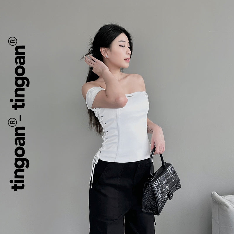 TINGOAN® - Corset shirt with off-the-shoulder ribbed sleeves and straps with white TINGOAN® logo UNSEEN TOP/WH