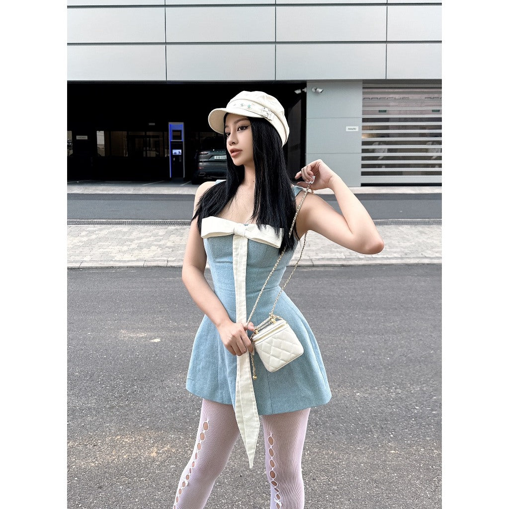 Mercury LSEOUL V23091574 Denim Jeans Dress with Bow Tie V23091574 Feminine Party Dress