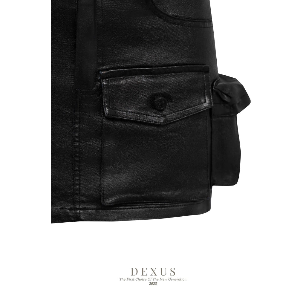 Personality Short Black Leather Covered Pocket Skirt_ DXCV70172D