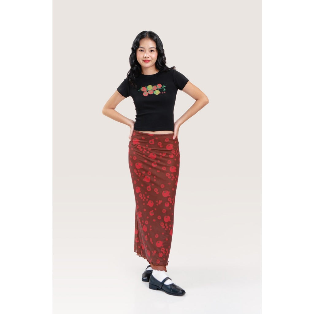 LIBÉ - Straight mesh skirt with tomato pattern on dark brown background